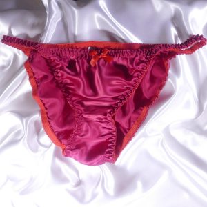 Soft and shiny whine color 100% pure mulberry silk string bikini panties for women, cross-dressers, transgenders, and femboys