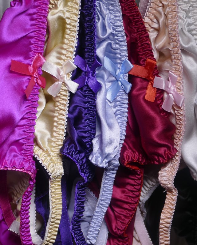 Kristalyn Satin's colorful Mulberry silk string bikini panties for women, cross-dressers, or transgenders